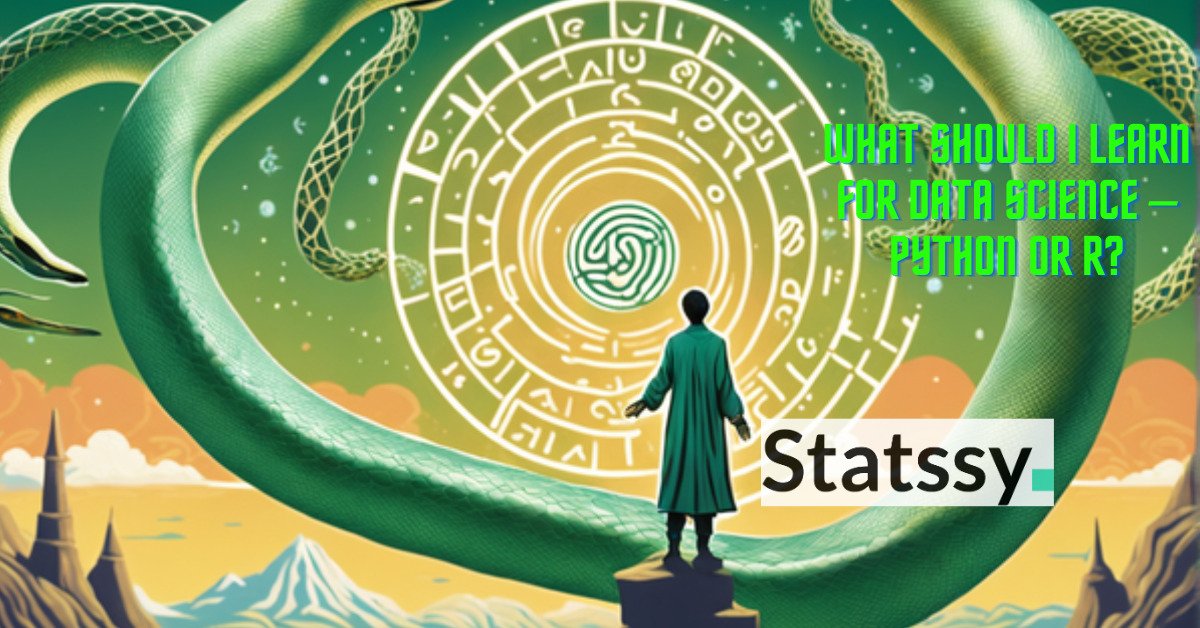 A mage summoning the essence of Python and a sage channeling the power of R, both rooted in age-old knowledge, as a balance scale rests between them, reflecting the equilibrium and decision in choosing a data science tool. A mage summoning the essence of Python and a sage channeling the power of R, both rooted in age-old knowledge, as a balance scale rests between them, reflecting the equilibrium and decision in choosing a data science tool.