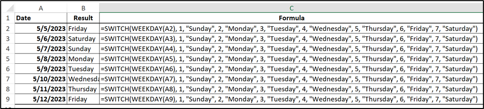 How to Convert Date to Day of Week in Excel: 7 ways to do it 8 Method 6: Using the SWITCH Function : Convert Date to Day of Week in Excel